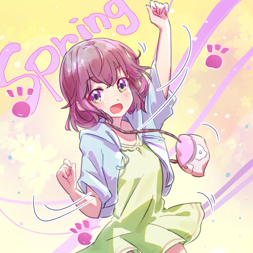 1girl :d arm_up bag blue_hoodie blush brown_hair clenched_hands commentary_request cowboy_shot dress english_text green_dress handbag happy highres hood hoodie icorasama looking_at_viewer machikado_mazoku motion_lines open_clothes open_hoodie open_mouth paw_print purple_eyes short_dress short_hair short_sleeves simple_background sketch smile solo yellow_background yoshida_ryouko