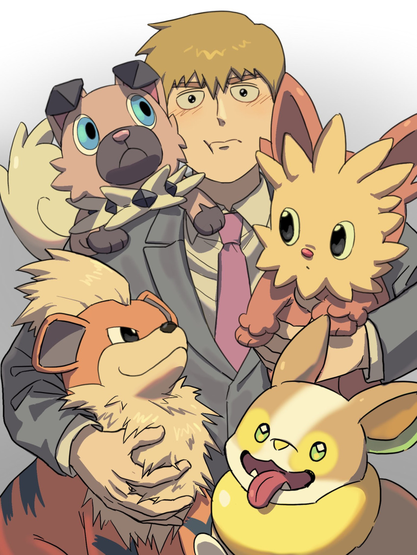 1boy blush closed_mouth commentary dog gradient_background green_eyes grey_background grey_suit growlithe highres holding holding_pokemon lillipup male_focus mob_psycho_100 namo_(mubulike) necktie pokemon pokemon_(creature) purple_necktie reigen_arataka rockruff simple_background smile species_connection suit symbol-only_commentary tongue tongue_out yamper