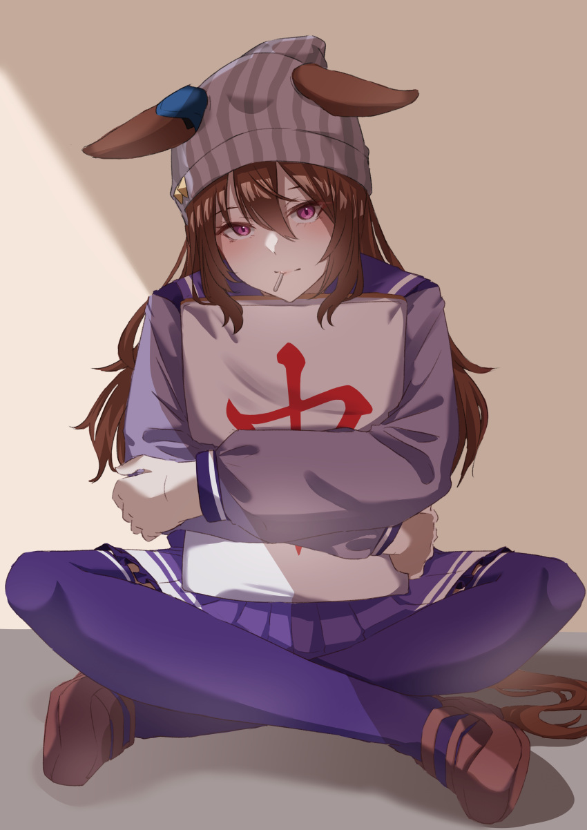 1girl absurdres animal_ears beanie brown_hair candy commentary ear_ornament ears_through_headwear food grey_hat hair_between_eyes hakekeke2525 hat highres holding holding_mahjong_tile horse_ears horse_girl horse_tail lollipop long_hair long_sleeves looking_at_viewer mahjong_tile nakayama_festa_(umamusume) purple_eyes purple_shirt sailor_collar sailor_shirt school_uniform shirt skirt solo symbol-only_commentary tail tracen_school_uniform translation_request umamusume