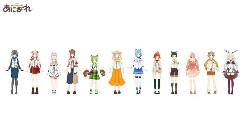 6+girls absurdres ahoge animal_ear_fluff animal_ear_piercing animal_ears animal_hands animal_on_head animare antlers apron armband artist_request bag bear_ears belt black-framed_eyewear black_bow black_bowtie black_choker black_footwear black_gloves black_hair black_pants black_ribbon blonde_hair blue_bow blue_bowtie blue_dress blue_eyes blue_footwear blue_hair blue_scarf blue_skirt blue_socks blue_thighhighs blunt_bangs boots bow bowtie braid brown_apron brown_belt brown_bow brown_bowtie brown_capelet brown_dress brown_footwear brown_gloves brown_hair brown_horns brown_shirt brown_shorts brown_skirt brown_socks brown_thighhighs buttons capelet capybara_girl center_frills choker closed_mouth clothing_cutout collared_shirt colored_inner_hair commentary_request deer_ears detached_sleeves dog dog_ears dog_girl dog_on_head dress earrings everyone fox_ears fox_girl frilled_capelet frilled_dress frilled_skirt frills full_body glasses gloves green_bow green_bowtie green_choker green_eyes green_footwear green_hair green_skirt green_socks grey_hair grey_hoodie grey_pantyhose grey_shirt grey_socks grey_wings hair_between_eyes hair_bow hair_ornament hair_ribbon hair_scrunchie hairclip handbag hashiba_natsumi_(animare) head_wings high_ponytail highres hinokuma_ran hira_hikari hood hood_down hoodie horns inaba_haneru_(animare) jacket jewelry kazami_kuku konan_mia konan_mia_(1st_costume) layered_sleeves letterman_jacket loafers long_bangs long_hair long_sleeves looking_at_viewer loose_socks low_twintails mary_janes medium_bangs multicolored_footwear multicolored_hair multiple_girls name_tag nanashi_inc. neck_ribbon o-ring o-ring_choker official_art on_head open_clothes open_hoodie open_jacket open_vest orange_choker orange_eyes orange_footwear orange_hair orange_hoodie orange_scarf orange_skirt oura_rukako oura_rukako_(1st_costume) pants pantyhose paw_gloves pencil_skirt pink_eyes pink_hair pink_skirt plaid plaid_skirt polka_dot polka_dot_bowtie polka_dot_scarf puffy_short_sleeves puffy_sleeves rabbit_ears rabbit_girl red_eyes red_footwear red_hair red_skirt ribbon ribbon-trimmed_sleeves ribbon_trim scarf scrunchie semi-rimless_eyewear seshima_rui shiromiya_mimi shirt shoes short_bangs short_dress short_hair short_over_long_sleeves short_sleeves shorts shoulder_cutout showgirl_skirt side_braid sidelocks simple_background single_braid skirt sleeveless sleeveless_dress smile sneakers socks souya_ichika souya_ichika_(1st_costume) standing streaked_hair striped_clothes striped_jacket stud_earrings thick_eyebrows thigh_belt thigh_strap thighhighs tsukinoki_tirol twintails two-tone_hair two-tone_skirt two-tone_thighhighs under-rim_eyewear vest virtual_youtuber waist_apron waist_bow white_background white_dress white_footwear white_hair white_jacket white_scarf white_shirt white_shorts white_skirt white_sleeves white_socks white_thighhighs white_vest wings wrist_scrunchie x_hair_ornament yellow_eyes yellow_footwear yellow_jacket yunohara_izumi