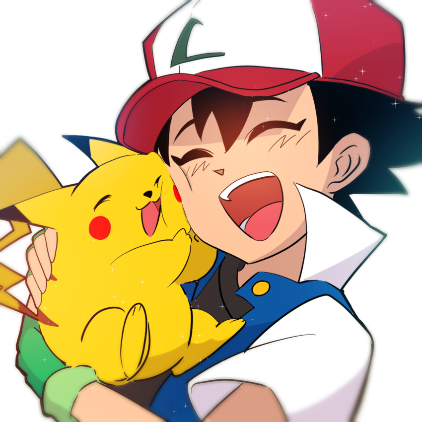 1boy ash_ketchum black_hair black_shirt closed_eyes fingerless_gloves gloves green_gloves hair_between_eyes hat highres holding holding_pokemon hug jacket male_focus momo_kekoko open_clothes open_jacket open_mouth pikachu pokemon pokemon_(anime) pokemon_(classic_anime) pokemon_(creature) red_hat shirt short_hair short_sleeves teeth upper_body white_background