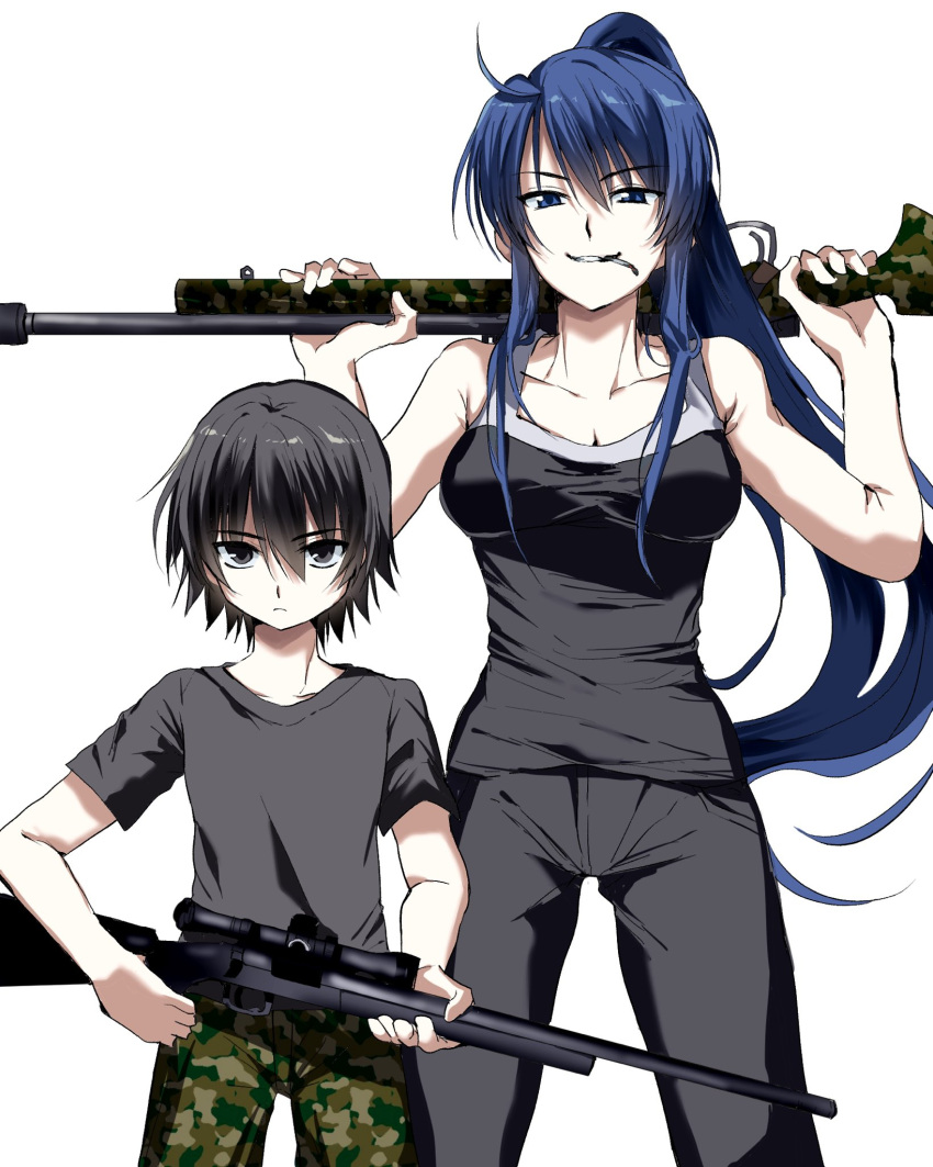 1boy 1girl age_difference bare_arms black_eyes black_hair black_pants black_shirt blue_eyes blue_hair breasts cigarette cleavage collarbone cowboy_shot grin grisaia_(series) grisaia_no_meikyuu gun hands_up highres holding holding_gun holding_weapon kasukasugom1 kazami_yuuji kusakabe_asako large_breasts long_hair looking_at_viewer pants ponytail shirt short_hair short_sleeves sidelocks simple_background sleeveless sleeveless_shirt smile standing straight-on tsurime v-shaped_eyebrows very_long_hair w_arms weapon white_background