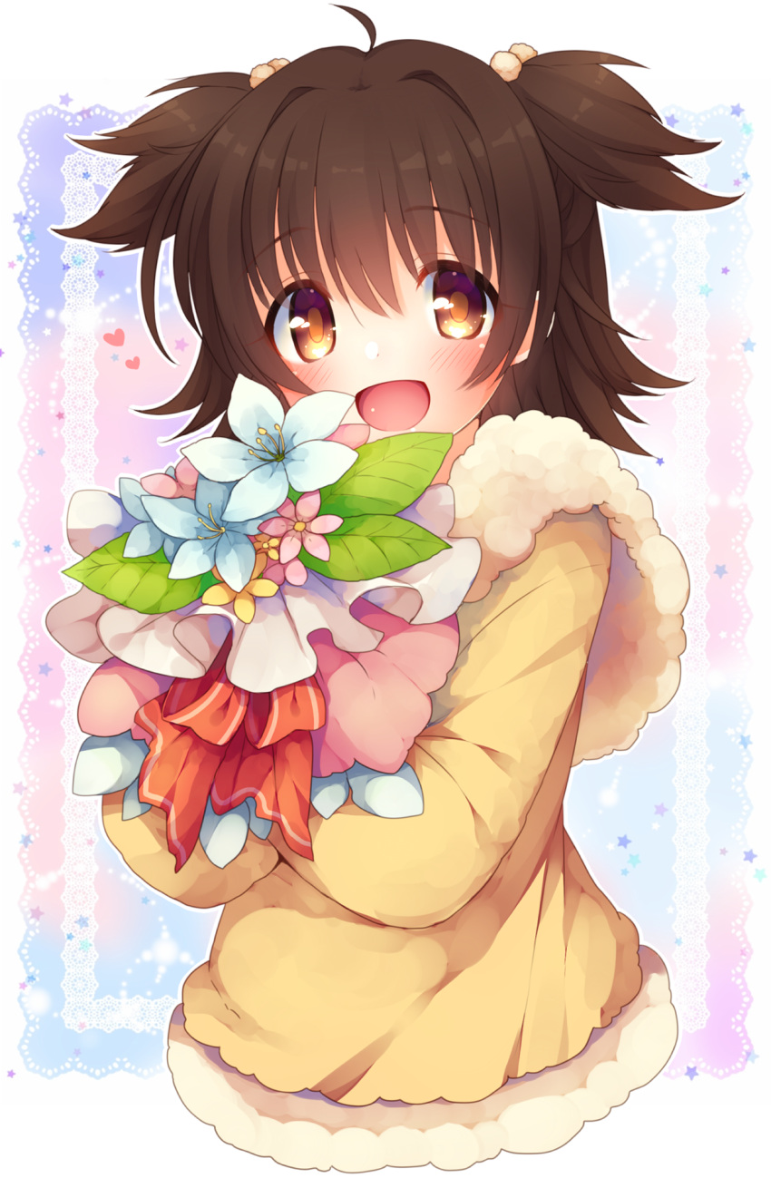 1girl ahoge akagi_miria blue_background blush border bouquet bow bowtie brown_hair collar collared_jacket commentary_request cropped_torso flower fur-trimmed_jacket fur_collar fur_trim hair_bobbles hair_ornament heart highres holding holding_bouquet idolmaster idolmaster_cinderella_girls idolmaster_cinderella_girls_starlight_stage jacket leaf long_sleeves medium_hair open_mouth outside_border pink_background pink_flower red_bow red_bowtie smile solo starry_background two-tone_background two_side_up usamata white_border white_collar white_flower yellow_eyes yellow_flower yellow_jacket yellow_sleeves