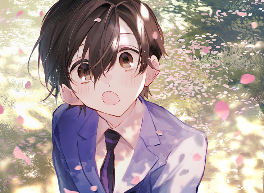 1boy absurdres arms_at_sides black_necktie blazer blue_jacket blush brown_eyes brown_hair closed_mouth collared_shirt covered_mouth dappled_sunlight day falling_petals from_above grass hair_between_eyes highres jacket long_sleeves looking_at_viewer male_focus necktie original outdoors petals portrait school_uniform shirt short_hair sidelocks solo sunlight u-sama_(u_summer0719) white_shirt