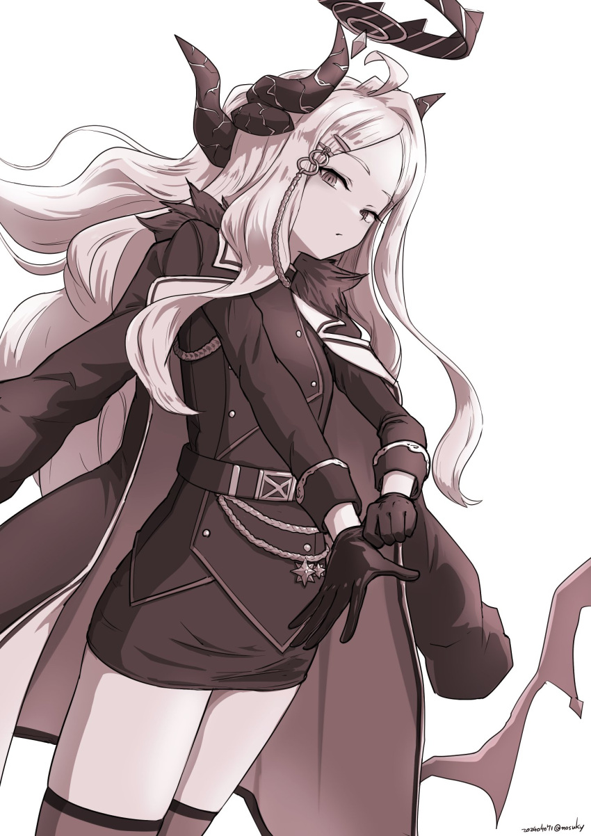 1girl ahoge aiguillette blue_archive breasts buttons coat coat_on_shoulders double-breasted forehead fur-trimmed_coat fur_trim greyscale hair_ornament hair_ribbon hairclip halo highres hina_(blue_archive) horns jacket long_hair long_sleeves looking_at_viewer low_wings miniskirt monochrome multiple_horns nosuku parted_bangs pencil_skirt ribbon skirt small_breasts solo thighhighs thighs wings