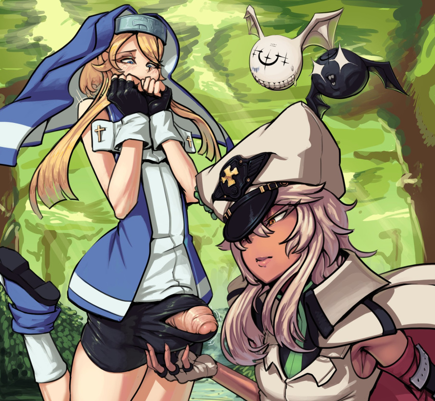 1boy 1girl bandaged_arm bandages bike_shorts biting black_gloves blonde_hair blue_eyes blush boxman bridget_(guilty_gear) covered_penis cuffs dark-skinned_female dark_skin erection fingerless_gloves gloves guilty_gear guilty_gear_strive guilty_gear_xx habit highres large_penis long_hair lucifero_(guilty_gear) mars_symbol nun otoko_no_ko penis ramlethal_valentine red_bandage short_shorts shorts testicles white_hair