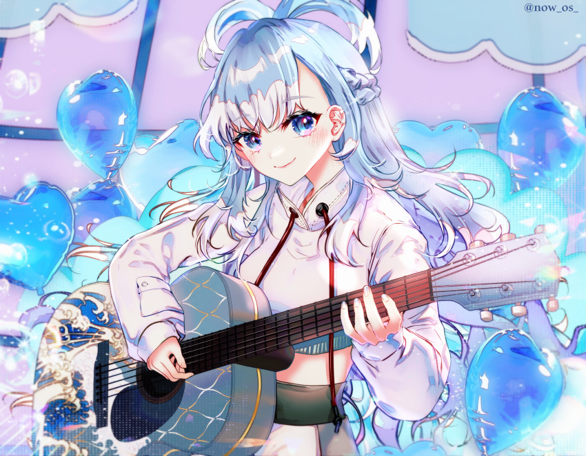 1girl acoustic_guitar balloon blue_eyes blue_hair blush braid bubble closed_mouth colored_tips commentary cropped_hoodie french_braid guitar half_updo heart_balloon high_ponytail highres holding holding_guitar holding_instrument hololive hololive_indonesia hood hoodie instrument kobo_kanaeru kobo_kanaeru_(1st_costume) long_hair long_sleeves looking_at_viewer multicolored_hair pants playing_guitar ringed_eyes smile solo sowon split_ponytail twitter_username upper_body virtual_youtuber wavy_hair white_hair white_hoodie white_pants