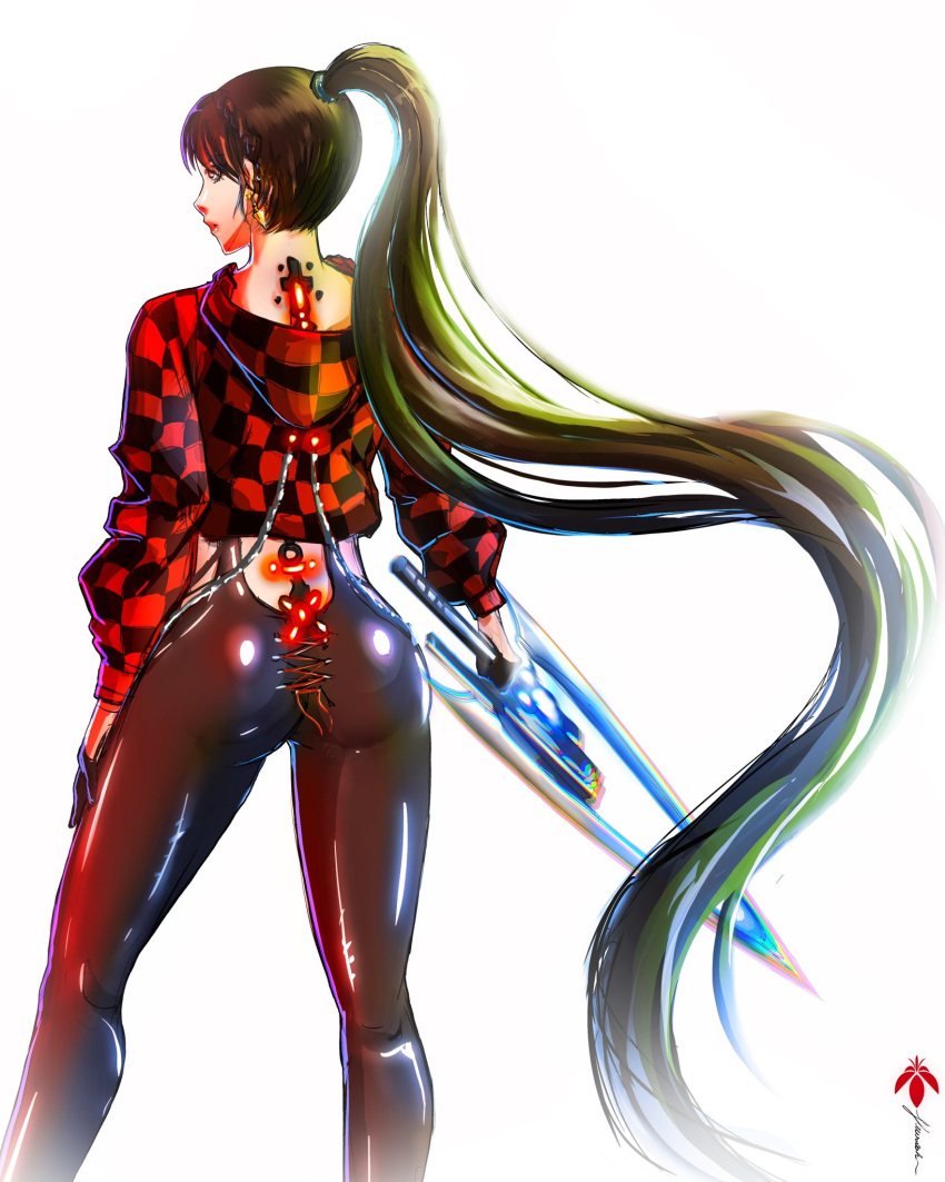 1girl ass black_hair black_leggings checkered_clothes cowboy_shot earrings eve_(stellar_blade) fleurashdesign from_behind gold_earrings highres holding holding_weapon hood hoodie jewelry leggings long_hair looking_to_the_side ponytail red_hoodie shiny_clothes signature simple_background skin_tight solo standing stellar_blade swept_bangs very_long_hair weapon white_background