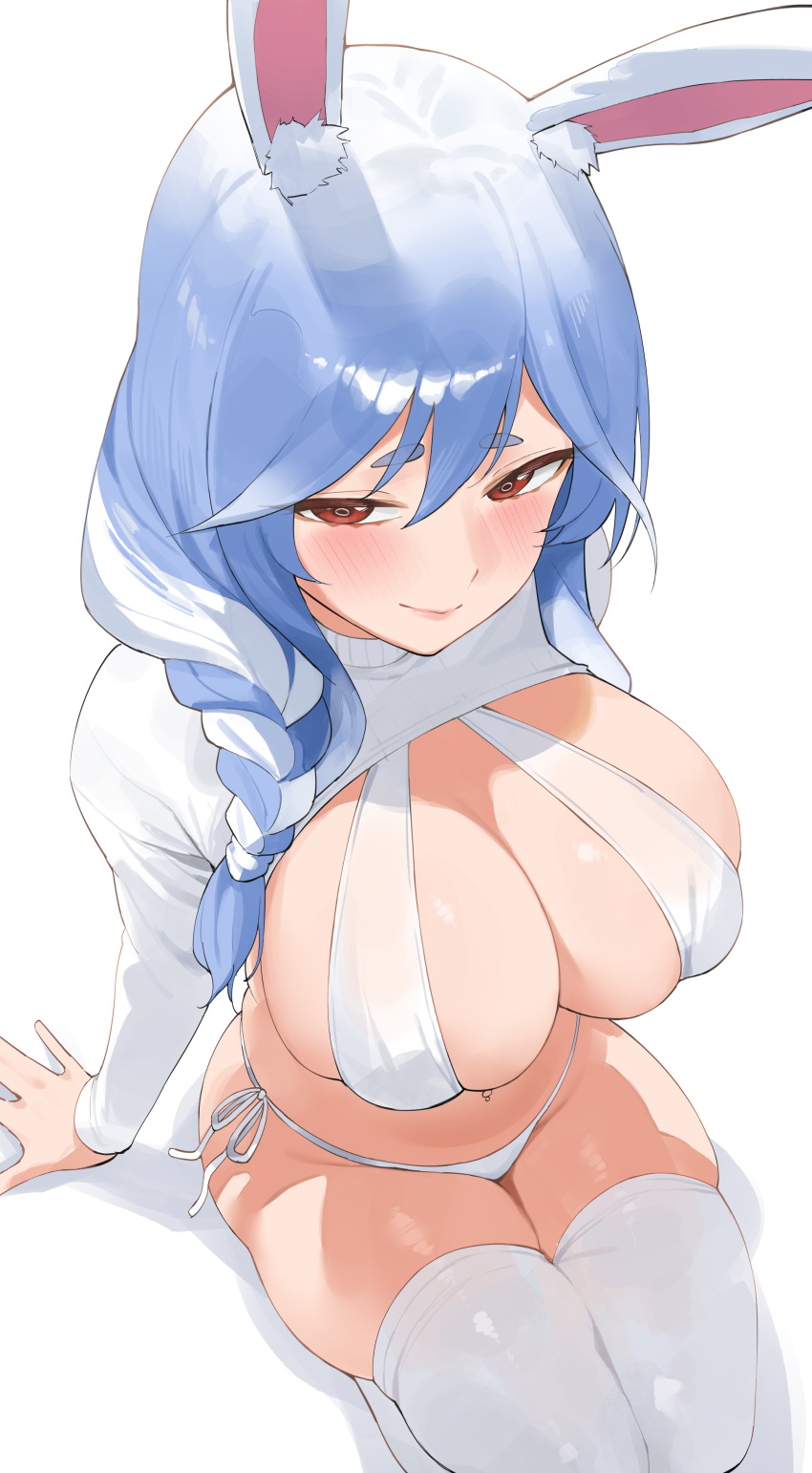 1girl absurdres animal_ear_fluff animal_ears arm_support bikini blue_hair blush braid braided_ponytail breasts byeon_dha closed_mouth from_above hair_over_eyes highres hololive large_breasts long_hair long_sleeves looking_to_the_side mature_female multicolored_hair orange_eyes pekomama rabbit_ears rabbit_girl seiza short_eyebrows shrug_(clothing) side-tie_bikini_bottom simple_background sitting skindentation smile solo string_bikini swimsuit thick_eyebrows thighhighs two-tone_hair virtual_youtuber white_background white_bikini white_hair white_thighhighs