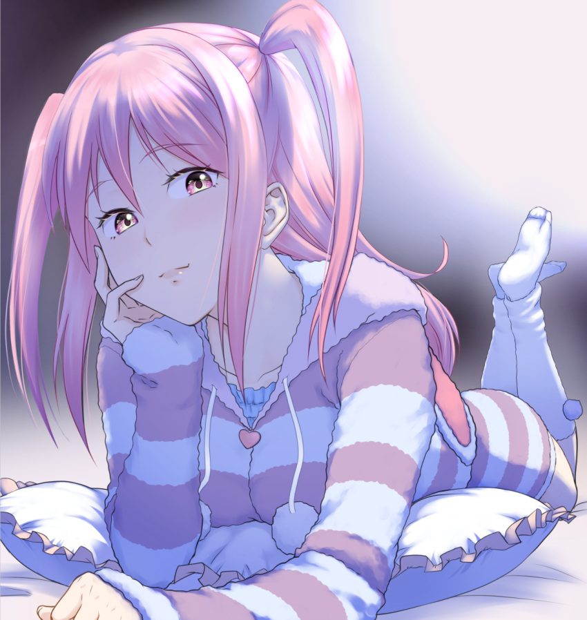 1girl animal_hood aoki_kanji collarbone drawstring heart highres hood hoodie leg_warmers legs_up light_blush light_smile long_hair looking_at_viewer loungewear lying nemoto_hina no_shoes on_stomach pillow pink_eyes pink_hair pom_pom_(clothes) rabbit_hood shorts sidelocks smile socks solo striped_clothes striped_hoodie striped_shorts two_side_up watashi_ga_motenai_no_wa_dou_kangaetemo_omaera_ga_warui! white_socks