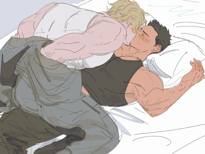 2boys ai-shii_(kasehara-chan) ao_isami bara black_hair black_tank_top blonde_hair blush couple facial_hair foreplay interracial kiss lewis_smith lying male_focus multiple_boys muscular muscular_male on_back on_bed pectorals sideburns_stubble sidepec straddling stubble tank_top thick_eyebrows undressing yaoi yuuki_bakuhatsu_bang_bravern