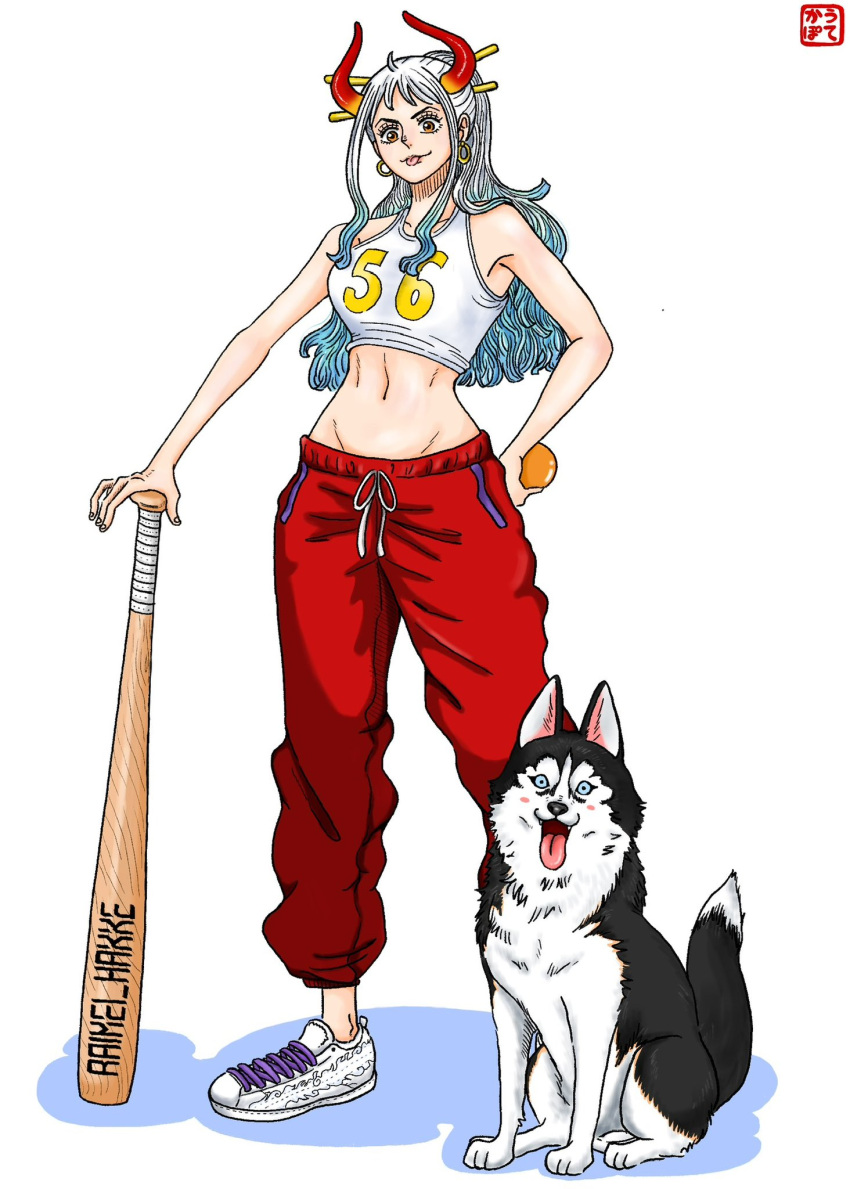 1girl alternate_costume aqua_hair ball baseball_bat couchpotato_op dog earrings english_text eyelashes full_body gradient_hair groin hair_ornament hair_stick hand_on_own_hip highres holding holding_ball hoop_earrings horns husky jewelry long_hair looking_at_viewer multicolored_hair navel numbered one_piece orange_eyes pants ponytail red_horns red_pants shoes sidelocks smile sneakers standing tank_top tongue tongue_out white_hair white_tank_top yamato_(one_piece)