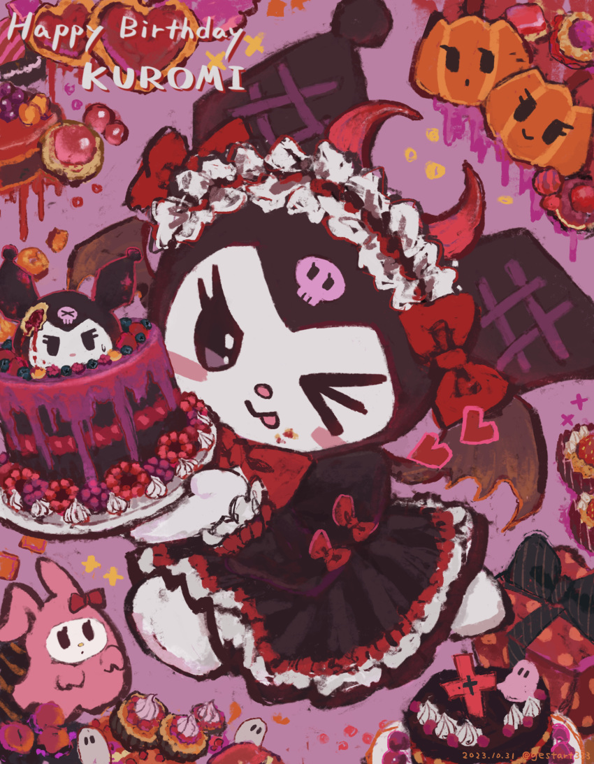 2girls ;p absurdres animal_ears artist_name bat_wings black_dress black_eyes blush_stickers bow cake closed_mouth commentary_request cookie creature dated demon_horns dessert dress dress_bow food full_body gestart333 ghost gift gothic_lolita happy_birthday heart highres holding holding_plate horns kuromi lolita_fashion looking_at_viewer maid_headdress multicolored_eyes multiple_girls my_melody one_eye_closed onegai_my_melody plate purple_background purple_eyes rabbit_ears red_bow sanrio skull_print smile sweets tongue tongue_out twitter_username wings