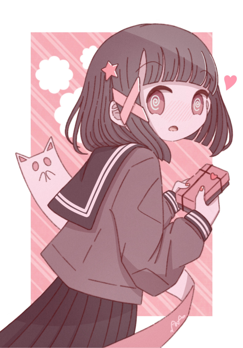 1girl @_@ blush bob_cut border box brown_hair cardigan cathead commentary d: embarrassed fingernails ghost hair_ornament heart highres holding holding_box long_sleeves looking_at_viewer looking_back nail_polish no_nose nose_blush omochi_noa original pink_background pink_theme pleated_skirt sailor_collar school_uniform serafuku short_hair signature skirt solid_oval_eyes solo squinting star_(symbol) star_hair_ornament striped_background symbol-only_commentary uniform upper_body valentine white_border x_hair_ornament