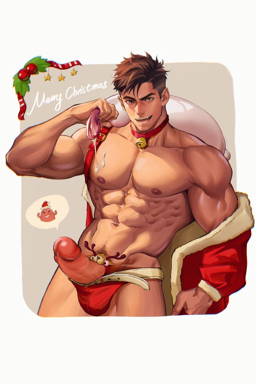1boy abs belt boxers brown_eyes brown_hair carrying_over_shoulder censored choker coat condom cum cumdrip erection fangs fur-trimmed_coat fur_trim highres holding holding_condom large_pectorals large_penis leaning_back looking_at_viewer male_focus male_underwear merry_christmas mosaic_censoring muscular muscular_male nipples original parted_lips pectorals penis penis_peek raised_eyebrow red_belt red_choker santa_costume shian948076 short_hair simple_background smile solo standing swept_bangs teeth thick_eyebrows undercut underwear upper_body used_condom very_short_hair white_belt