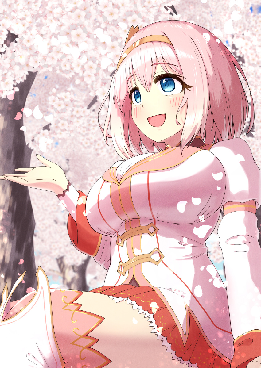 1girl :d absurdres blouse blue_eyes blush boots breasts cherry_blossoms commentary_request falling_petals film_grain frilled_skirt frills from_below gold_hairband hair_between_eyes hairband hanami hand_rest hand_up highres large_breasts looking_up open_mouth partial_commentary petals pink_hair pleated_skirt princess_connect! puffy_sleeves red_skirt shirt short_hair sitting skirt smile solo thigh_boots white_footwear white_shirt yui_(princess_connect!) yuu_yuu_yuu_yuu_(yuufuoo)