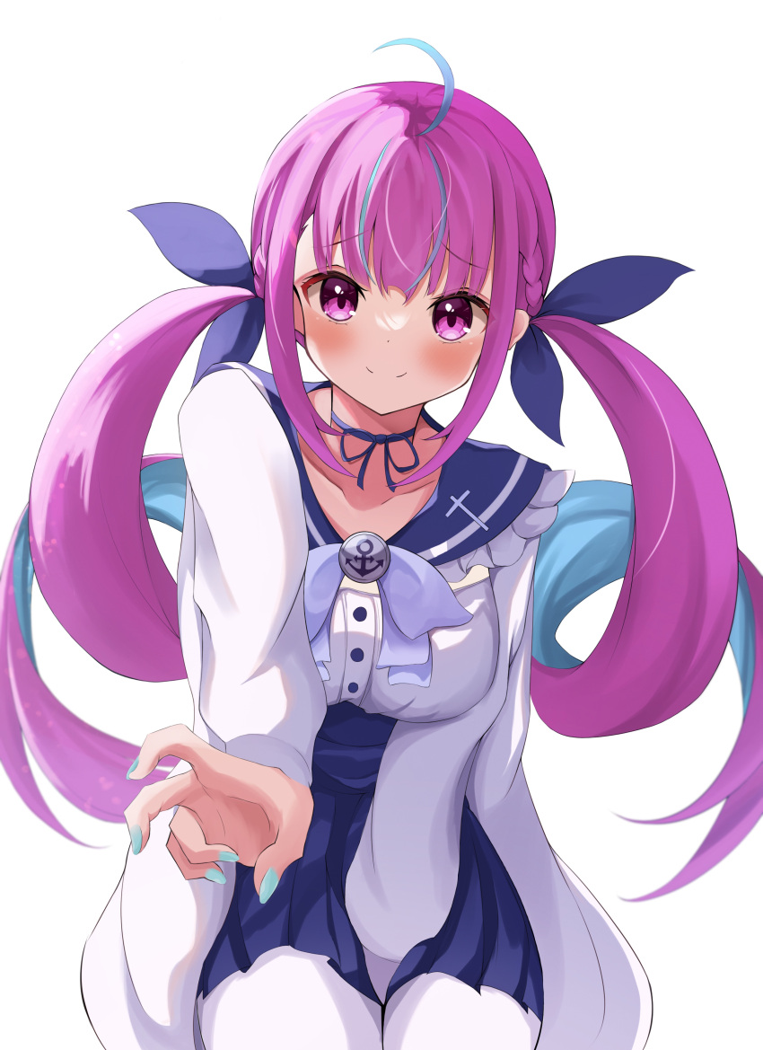 1girl absurdres ahoge blue_choker blue_hair blue_nails blue_skirt bow chino0803 choker hair_ribbon highres hololive jacket looking_at_viewer minato_aqua minato_aqua_(sailor) multicolored_hair nail_polish official_alternate_costume official_alternate_hairstyle pantyhose pink_hair purple_eyes ribbon ribbon_choker sailor_collar shirt skirt smile solo two-tone_hair virtual_youtuber white_background white_jacket white_pantyhose white_shirt