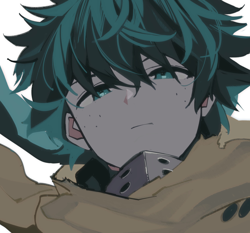 1boy aqua_eyes aqua_hair boku_no_hero_academia cape close-up closed_mouth eyebrows_hidden_by_hair floating_cape floating_clothes freckles frown green_hair hair_between_eyes highres looking_at_viewer makuro male_focus mask mask_around_neck midoriya_izuku mouth_mask narrowed_eyes official_alternate_costume portrait short_hair simple_background solo spoilers torn_cape torn_clothes white_background yellow_cape