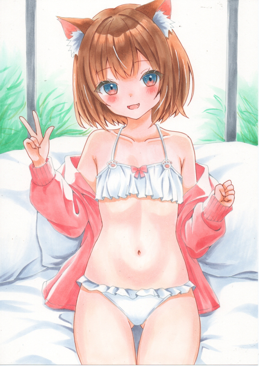 1girl :d absurdres animal_ear_fluff animal_ears bikini bikini_under_clothes brown_hair cardigan cat_ears cat_girl chika_(chika_200806) fang flat_chest highres long_sleeves looking_at_viewer navel off_shoulder open_cardigan open_clothes open_mouth original pink_cardigan short_hair sitting smile stomach swimsuit traditional_media w white_bikini