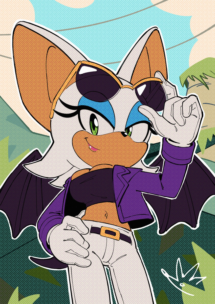 absurdres bat_wings belly belt biolizard02 blue_eyeliner crop_top eyeliner eyewear_on_head gloves green_eyes highres jacket lipstick looking_at_viewer makeup naughty_face navel open_clothes open_jacket pants purple_jacket rouge_the_bat smirk sonic_(series) sunglasses the_murder_of_sonic_the_hedgehog white_gloves white_pants wings