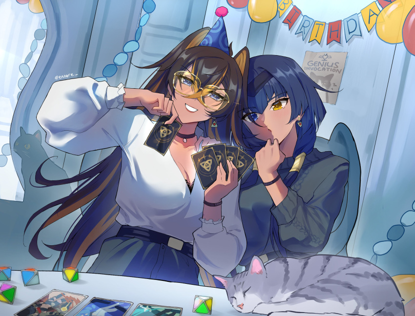 2girls absurdres balloon belt birthday black_belt black_choker black_dress blue_eyes blue_hair breasts candace_(genshin_impact) card cat choker cleavage dark-skinned_female dark_skin dehya_(genshin_impact) dice dress enzore genius_invokation_tcg genshin_impact happy_birthday heterochromia highres holding holding_card long_hair multiple_girls pants short_hair_with_long_locks smile white_dress