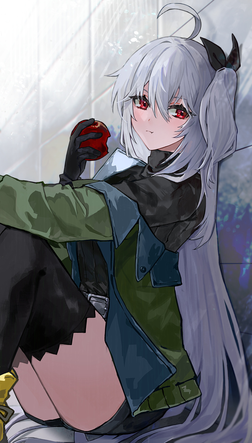 1girl absurdres against_wall ahoge apple arknights arm_rest belt belt_buckle bitten_apple black_belt black_gloves black_ribbon black_shorts black_sweater black_thighhighs blurry blurry_background buckle closed_mouth commentary depth_of_field eating feet_out_of_frame food food_bite from_side fruit gloves green_jacket grey_hair hair_between_eyes hair_flowing_over hair_ribbon hair_spread_out hand_up high_collar highres holding holding_food holding_fruit jacket lapels leaning light_blush light_rays long_bangs long_hair long_sleeves looking_at_viewer notched_lapels off_shoulder official_alternate_costume on_ground open_clothes open_jacket red_apple red_eyes revision ribbed_sweater ribbon shade shadow short_shorts shorts side_ponytail sitting skadi_(arknights) skadi_(the_next_afternoon_tea)_(arknights) solo straight_hair sweater swept_bangs thighhighs thighs tile_wall tiles turtleneck turtleneck_sweater two-sided_fabric two-sided_jacket very_long_hair yuro_(_yu_you)