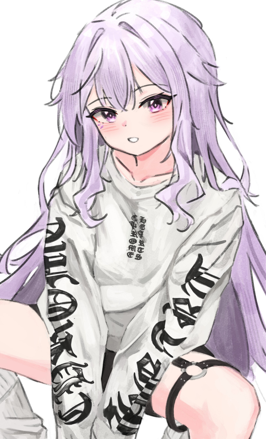 1girl absurdres akarinnndesu between_legs black_shorts blush collarbone grey_hair hair_between_eyes hand_between_legs highres hololive hololive_english jewel_under_eye koseki_bijou long_hair long_sleeves o-ring o-ring_thigh_strap on_floor purple_eyes shirt shorts sidelocks simple_background sitting smile solo thigh_strap very_long_hair virtual_youtuber white_background white_shirt