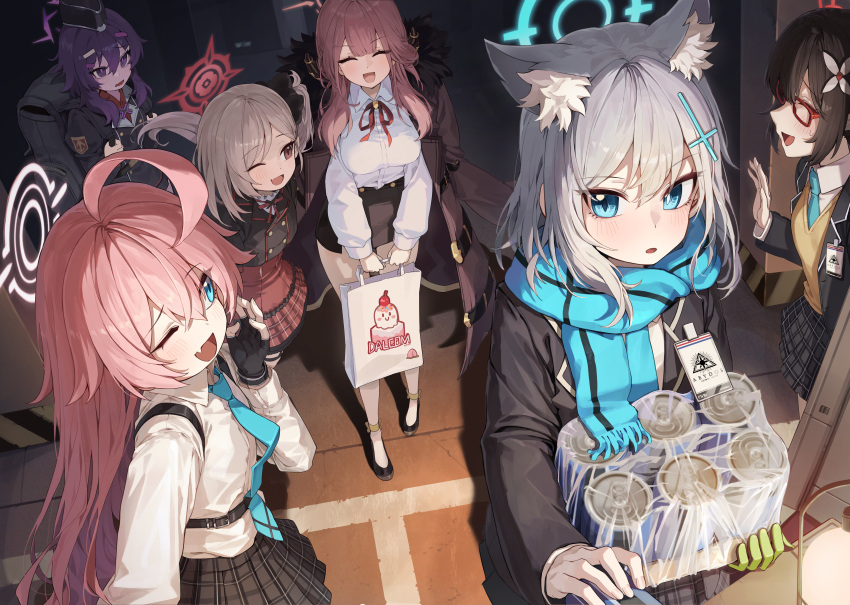 6+girls ;d absurdres ahoge animal_ear_fluff animal_ears aqua_scarf aru_(blue_archive) ayane_(blue_archive) bag black_gloves black_skirt blue_archive blush chest_harness extra_ears fang fingerless_gloves garrison_cap glasses gloves halo harness haruka_(blue_archive) hat highres holding holding_bag hoshino_(blue_archive) huge_ahoge id_card kokukyukeo looking_at_another multiple_girls mutsuki_(blue_archive) one_eye_closed outdoors red-framed_eyewear scarf school_uniform shiroko_(blue_archive) shirt skin_fang skirt smile white_shirt wolf_ears