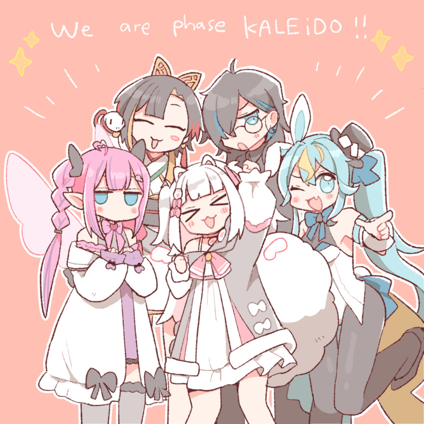 &gt;_&lt; 5girls ahoge animal_ears ayase_yuu black_hair black_pantyhose blonde_hair blue_eyes blue_hair braid dog_ears dog_girl fairy_wings fake_animal_ears gram_pico grey_jacket hair_over_one_eye hat heart heart_ahoge high_ponytail highres jacket japanese_clothes kaminari_clara kannagi_loki kimono kokoromo_memory leotard long_hair long_sleeves looking_at_viewer mini_hat multicolored_hair multiple_girls one_eye_closed orange_background pantyhose phase_connect phase_kaleido pink_hair playboy_bunny pointy_ears rabbit_ears round_eyewear simple_background sparkle streaked_hair t705gp tilted_headwear twin_braids virtual_youtuber white_hair white_jacket white_kimono white_leotard wings