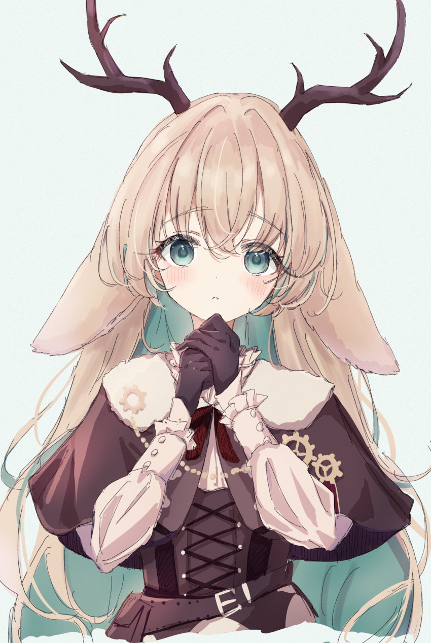 1girl absurdres animal_ears antlers belt black_gloves blonde_hair blue_background blue_eyes blue_hair blush brown_belt brown_capelet brown_corset capelet colored_inner_hair commentary_request corset deer_ears gloves highres horns long_hair long_sleeves looking_at_viewer medium_bangs multicolored_hair nanashi_inc. own_hands_together parted_lips shirt shishishi simple_background solo tsukinoki_tirol upper_body virtual_youtuber white_shirt