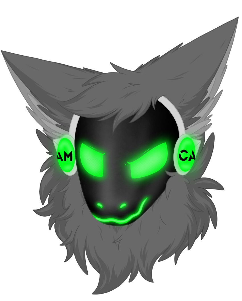 anthro biped body_hair c.a.m. canid canine canis digital_drawing_(artwork) digital_media_(artwork) digitigrade fluffy fluffy_ears fluffy_hair fluffy_neck_fur fur glowing glowing_body glowing_eyes green_body green_eyes grey_body grey_fur grey_hair hair head_tuft headshot_portrait hi_res jackal kytcrafts machine male mammal metal metallic_body portrait protogen protogen_face protogenized screen screen_face smile solo tuft yuri_chacal