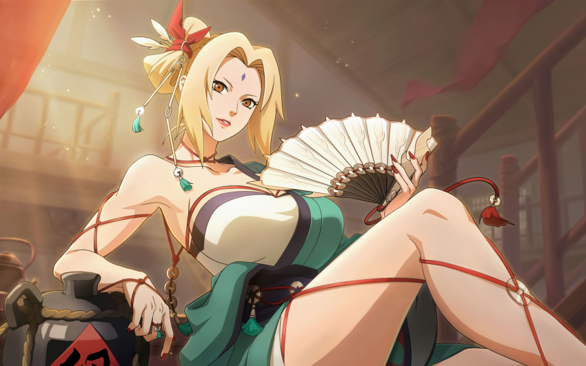 armpits artist_request blonde_hair coin coin_on_string facial_mark folding_fan forehead_mark game_cg gourd green_kimono hand_fan highres japanese_clothes kimono kimono_partially_removed nail_polish naruto naruto_(series) non-web_source tsunade_(naruto)