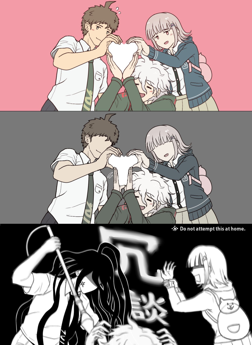 1girl 3boys :d ahoge animal_bag backpack bag black_shirt brown_hair cat_bag closed_mouth danganronpa_(series) danganronpa_2:_goodbye_despair dress_shirt english_text green_jacket green_necktie heart heart_hands heart_hands_trio highres hinata_hajime holding holding_polearm holding_weapon jacket kamukura_izuru kmnm_1403 komaeda_nagito long_sleeves medium_hair miniskirt multiple_boys nanami_chiaki necktie open_clothes open_jacket open_mouth pink_bag pleated_skirt polearm shirt shirt_tucked_in skirt smile two-tone_shirt weapon white_shirt