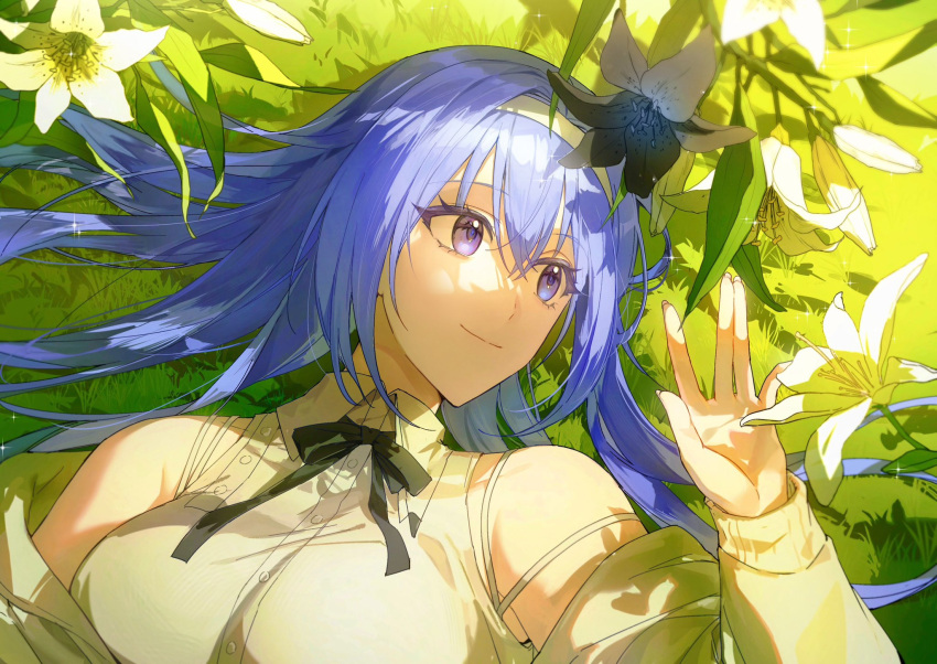 1girl black_flower blue_hair breasts closed_mouth crossed_bangs day flower from_above grass hair_between_eyes hair_intakes hair_spread_out hairband highres idolmaster idolmaster_shiny_colors jacket large_breasts long_hair long_sleeves looking_to_the_side lying off_shoulder on_back outdoors portrait purple_eyes qinglai_haiji shadow shirt sidelocks sleeveless sleeveless_shirt smile solo strap_slip suzuki_hana white_flower white_hairband white_jacket white_shirt