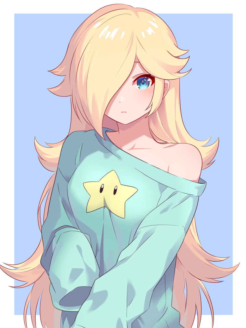 1girl absurdres alternate_costume blonde_hair blue_eyes blue_sweater hair_over_one_eye highres long_bangs long_hair long_sleeves mario_(series) parted_lips rosalina ryu160303 single_bare_shoulder sleeves_past_fingers sleeves_past_wrists solo super_star_(mario) sweater upper_body very_long_hair