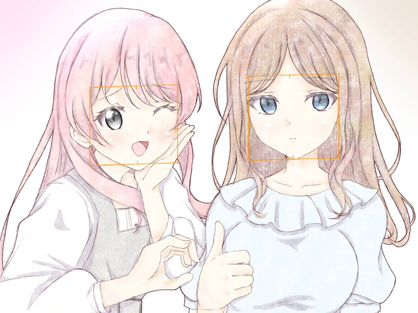 2girls bang_dream! bang_dream!_it's_mygo!!!!! blue_dress blue_eyes blush breasts brown_hair chihaya_anon closed_mouth commentary_request dress facial_recognition gradient_background grey_dress grey_eyes hand_on_own_cheek hand_on_own_face heart_hands_failure highres long_hair long_sleeves looking_at_viewer medium_breasts miikoko multiple_girls nagasaki_soyo one_eye_closed open_mouth pinafore_dress pink_hair puffy_short_sleeves puffy_sleeves shirt short_sleeves sidelocks sleeveless sleeveless_dress upper_body white_shirt