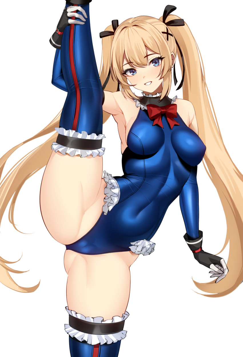 1girl armpits athletic_leotard bare_shoulders black_gloves blonde_hair blue_leotard bodysuit bow bowtie breasts commentary_request covered_navel dead_or_alive fingerless_gloves frilled_leotard frills gloves hair_ornament highleg highleg_leotard highres large_breasts leg_grab leotard long_hair marie_rose red_bow red_bowtie skin_tight sleeveless_turtleneck_leotard smile solo split standing standing_on_one_leg standing_split thighhighs twintails volyz x_hair_ornament