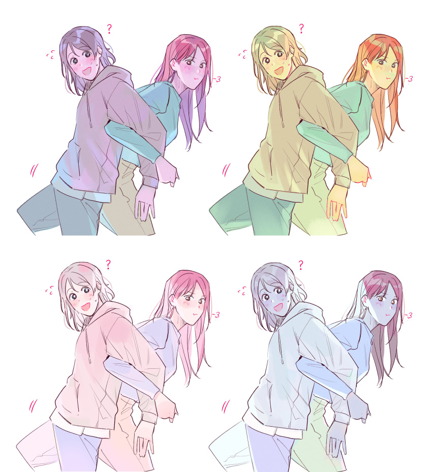 2girls ? absurdres back-to-back blue_eyes blue_shirt blush brown_eyes closed_mouth commentary_request drawstring flying_sweatdrops grey_hair grey_hoodie highres hood hoodie korean_commentary locked_arms long_hair long_sleeves looking_at_viewer love_live! love_live!_sunshine!! medium_hair motion_lines multiple_girls mumuir0315 open_mouth puff_of_air red_hair sakurauchi_riko shirt simple_background sweat sweatdrop watanabe_you white_background