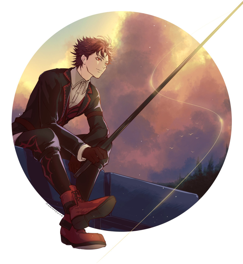 1boy absurdres black_pants diamant_(fire_emblem) fire_emblem fire_emblem_engage fishing_rod highres holding holding_fishing_rod male_focus official_alternate_costume outdoors pants red_eyes red_footwear red_hair umi_(_oneinchswing)