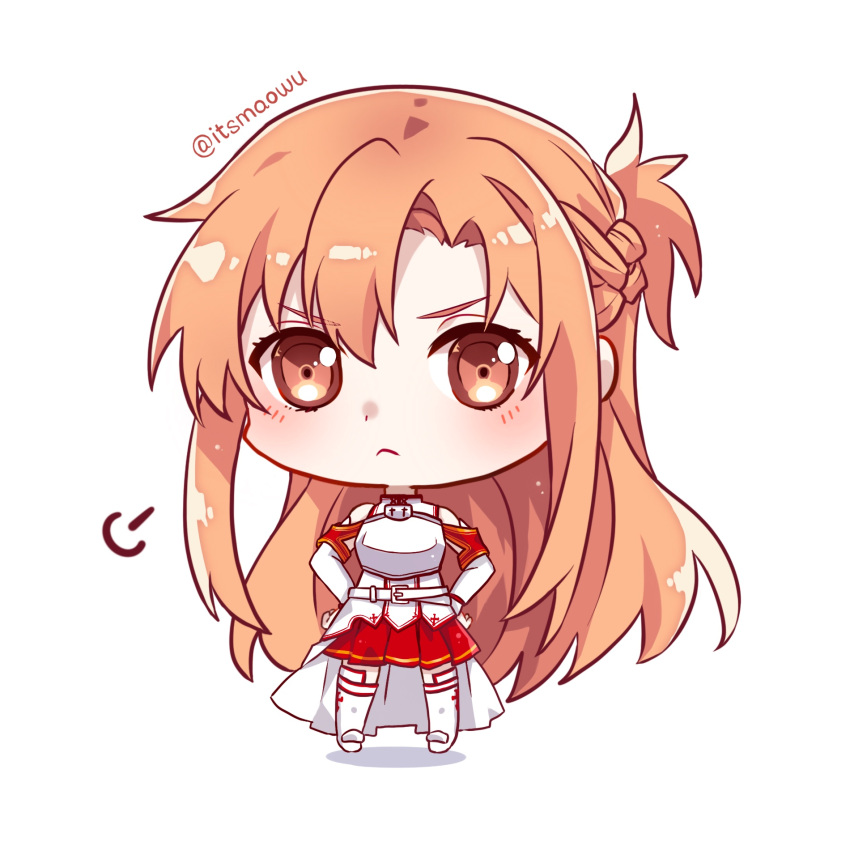 1girl :&lt; armor artist_name asuna_(sao) bare_shoulders braid breastplate brown_eyes chibi chibi_only closed_mouth commentary detached_sleeves dress french_braid frown full_body hair_between_eyes hands_on_own_hips highres huffing istriri light_blush long_hair looking_at_viewer orange_hair pleated_skirt red_skirt simple_background skirt solo standing sword_art_online thighhighs turtleneck turtleneck_dress twitter_username white_background white_dress white_sleeves white_thighhighs zettai_ryouiki
