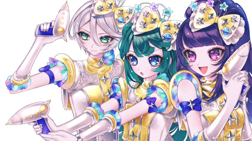 3girls :d ao_(ao0_0nemu) arm_up bad_id bad_twitter_id blue_bow blue_eyes blunt_bangs bow closed_mouth commentary_request energy_gun gloves green_eyes green_hair grey_hair gun hair_between_eyes hair_bow hanazono_shuka highres holding holding_gun holding_weapon idol_clothes idol_time_pripara long_hair looking_ahead multiple_girls open_mouth outstretched_arms ponytail pretty_series pripara purple_eyes purple_hair ray_gun shikyoin_hibiki short_hair simple_background smile star_(symbol) tsukikawa_chili two_side_up upper_body weapon white_background white_gloves yellow_bow