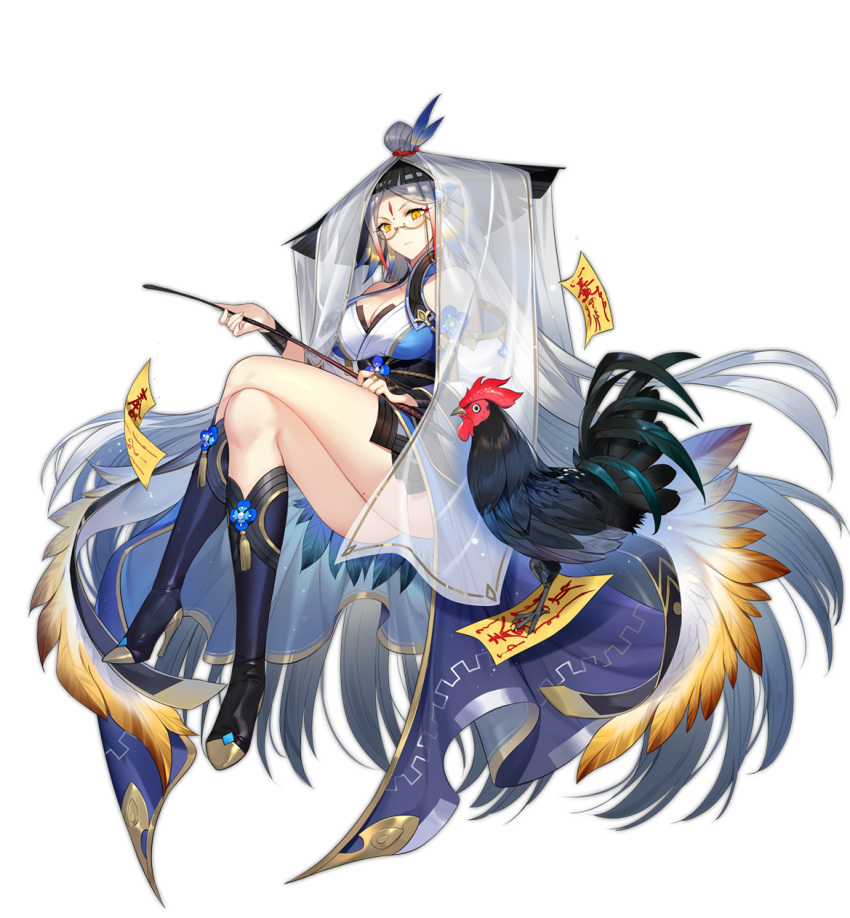 1girl ark_order bare_shoulders bird black_footwear black_gloves black_hat blue_kimono boots breasts bridal_gauntlets chicken coin crossed_legs detached_sleeves facial_mark feather-trimmed_sleeves feather_trim feathers forehead_mark full_body gloves grey_hair hair_bun hair_ornament hatoyama_itsuru high_heel_boots high_heels highres holding holding_riding_crop invisible_chair japanese_clothes kimono knee_boots large_breasts leg_ribbon long_hair long_sleeves official_art ofuda ribbon riding_crop rooster rooster_(ark_order) semi-rimless_eyewear single_hair_bun sitting solo tachi-e tassel thighs transparent_background under-rim_eyewear very_long_hair white_veil wide_sleeves yellow_eyes