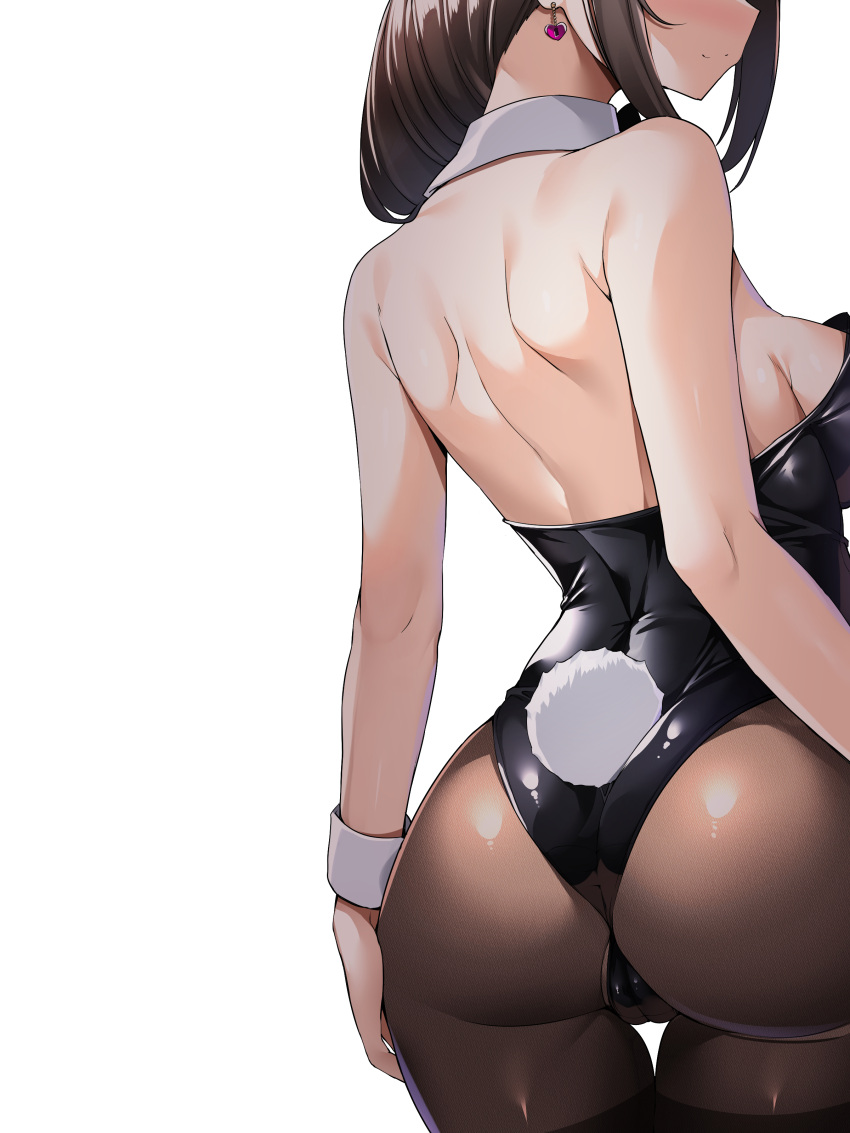1girl absurdres animal_ears ass black_hair black_leotard braid breasts brown_pantyhose commentary_request dangle_earrings detached_collar earrings fake_animal_ears fake_tail from_behind highleg highleg_leotard highres jewelry kantai_collection large_breasts leotard long_hair pantyhose playboy_bunny rabbit_ears rabbit_tail shigure_(kancolle) shigure_kai_ni_(kancolle) sideboob single_braid solo tail torisan white_background white_wrist_cuffs wrist_cuffs