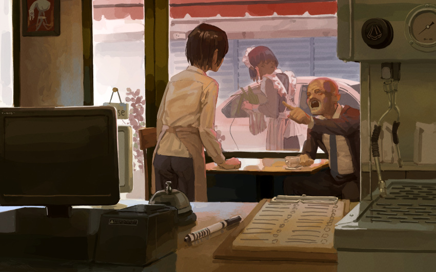 1boy 2girls angry apron arm_support bald black_suit blue_necktie blue_pants brown_hair cafe car chair flower hand_on_table highres indoors maid maid_apron maid_headdress monitor motor_vehicle multiple_girls necktie old old_man on_chair open_mouth original others_(gogo-o) painting_(object) pants pen pink_flower pointing pointing_at_another reflection ring_bell scenery shirt sitting suit tearing_up teeth upper_teeth_only white_car white_shirt