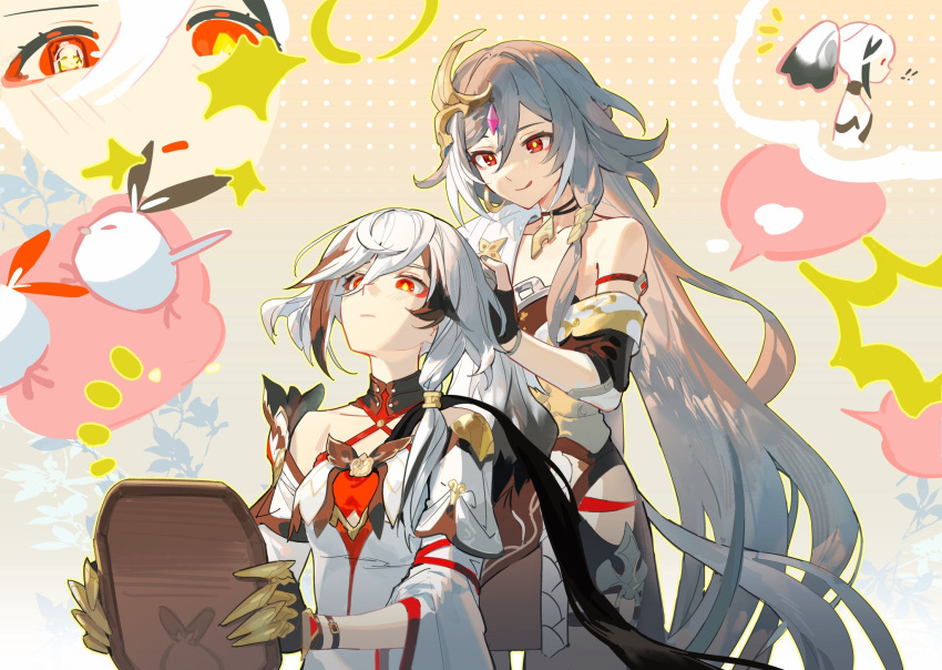 2girls bare_shoulders black_hair breasts bright_pupils commentary_request forehead_jewel fu_hua fu_hua_(fenghuang_of_vicissitude) fu_hua_(herrscher_of_sentience) grey_hair hair_between_eyes hair_ornament highres holding holding_mirror honkai_(series) honkai_impact_3rd licking_lips long_hair mirror multicolored_hair multiple_girls rafaelaaa red_eyes shirt small_breasts tongue tongue_out two-tone_hair tying_another's_hair very_long_hair white_pupils white_shirt