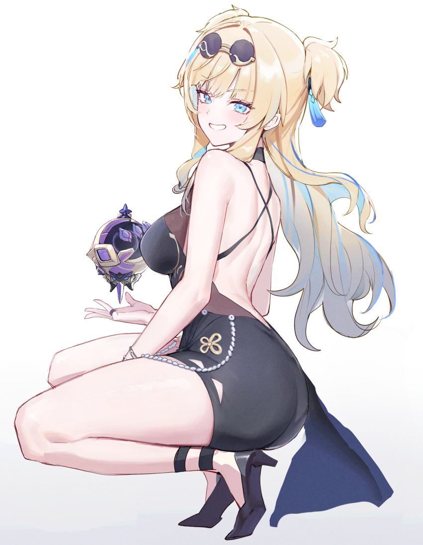 1girl absurdres backless_dress backless_outfit black_footwear blonde_hair blue_eyes blue_hair breasts commentary criss-cross_back-straps dress english_commentary eyewear_on_head full_body gradient_background grey_background grin high_heels highres honkai_(series) honkai_impact_3rd large_breasts long_hair looking_at_viewer looking_to_the_side lysh multicolored_hair shoes simple_background smile solo songque_(honkai_impact) squatting streaked_hair sunglasses tassel two-tone_hair two_side_up white_background