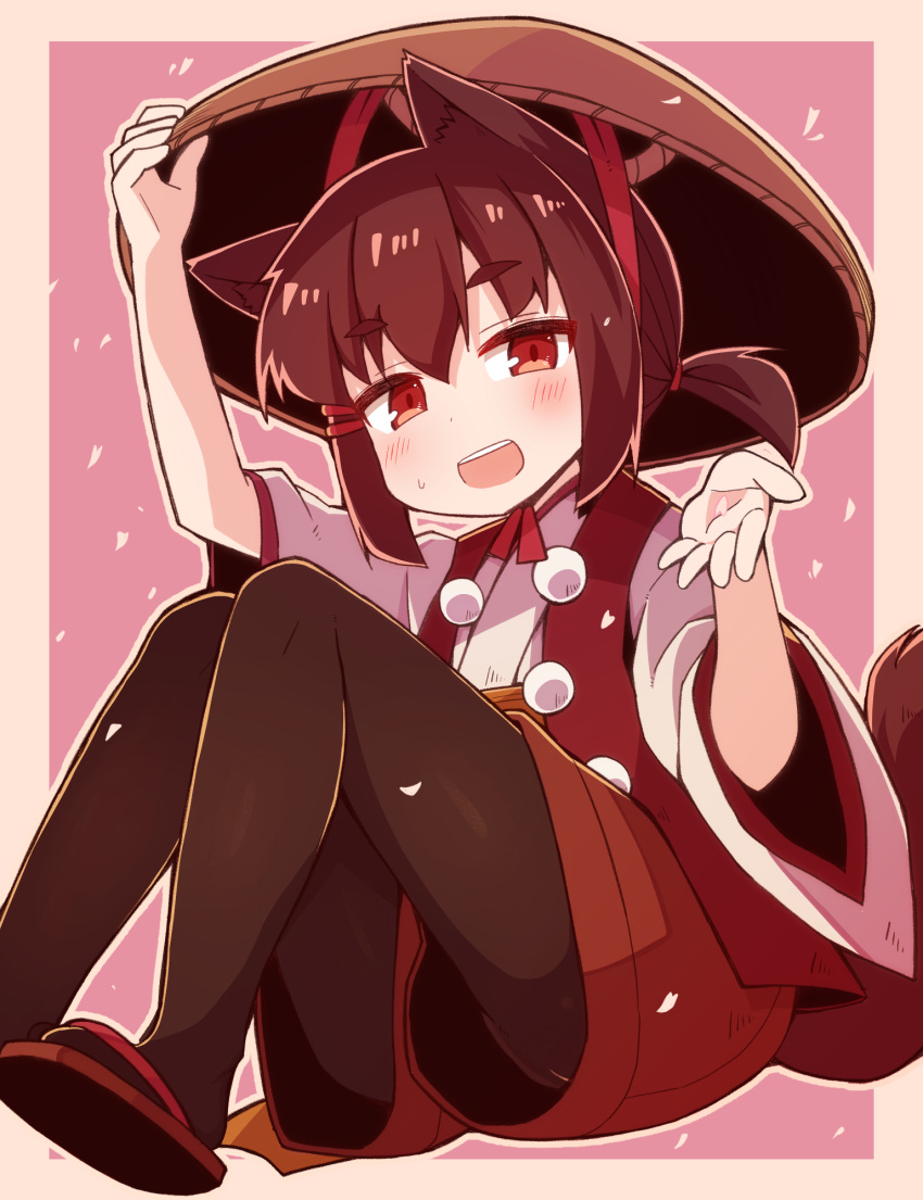 1girl adjusting_clothes adjusting_headwear ajirogasa animal_ears black_pantyhose blush brown_hair commentary_request fox_ears fox_girl fox_tail geta hair_ornament hair_tie hairclip hand_on_headwear hands_up hat highres jacket japanese_clothes kimono knees_up long_sleeves looking_at_viewer low_ponytail open_hand open_mouth original pantyhose pom_pom_(clothes) red_eyes red_jacket red_shorts short_eyebrows short_hair shorts simple_background sitting solo tail tengu white_kimono wide_sleeves yukinagi