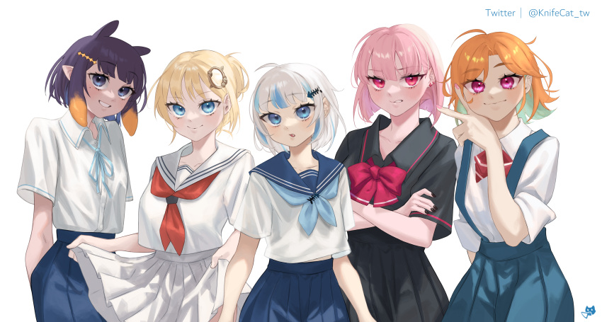 5girls absurdres ahoge alternate_costume arms_at_sides arms_behind_back black_nails black_sailor_collar black_serafuku black_shirt black_skirt black_thighhighs blonde_hair blue_eyes blue_hair blue_neckerchief blue_sailor_collar blue_skirt blunt_bangs blush bob_cut bow bowtie choppy_bangs closed_mouth clothes_lift collared_shirt colored_inner_hair crossed_arms earrings eyelashes fang fish_bone_hair_ornament gawr_gura gradient_hair green_hair grey_eyes grey_hair grin hair_bun hair_ornament hairclip head_tilt highres hololive hololive_english holomyth jewelry knifecat lifted_by_self long_sleeves looking_at_viewer miniskirt mori_calliope multicolored_hair multiple_girls nail_polish neckerchief ninomae_ina'nis official_alternate_hair_length official_alternate_hairstyle orange_hair parted_lips pink_eyes pink_nails pleated_skirt pointy_ears purple_eyes purple_hair red_bow red_bowtie red_neckerchief sailor_collar school_uniform serafuku shirt short_hair short_sleeves simple_background single_hair_bun skirt skirt_lift sleeves_rolled_up smile straight_hair streaked_hair suspender_skirt suspenders swept_bangs takanashi_kiara tentacle_hair thighhighs twitter_username uniform upper_body v virtual_youtuber watson_amelia white_background white_sailor_collar white_serafuku white_shirt white_skirt