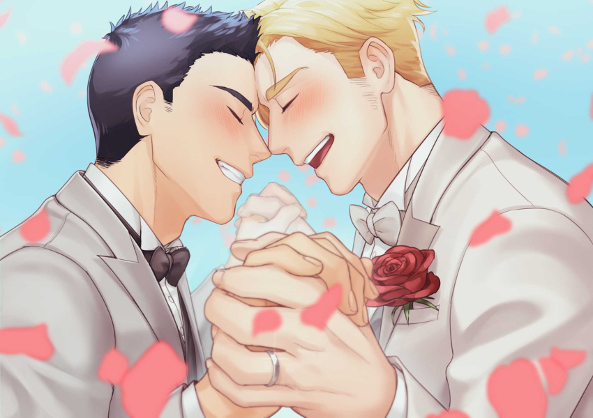 2boys ao_isami black_hair blonde_hair blush couple facial_hair flower forehead-to-forehead from_side happy heads_together highres holding_hands husband_and_husband jewelry lewis_smith male_focus multiple_boys noses_touching off_shoulder profile ring rose sideburns_stubble stubble suit thick_eyebrows wedding_ring yaoi yuuki_bakuhatsu_bang_bravern yuzuki_(hmr813k)