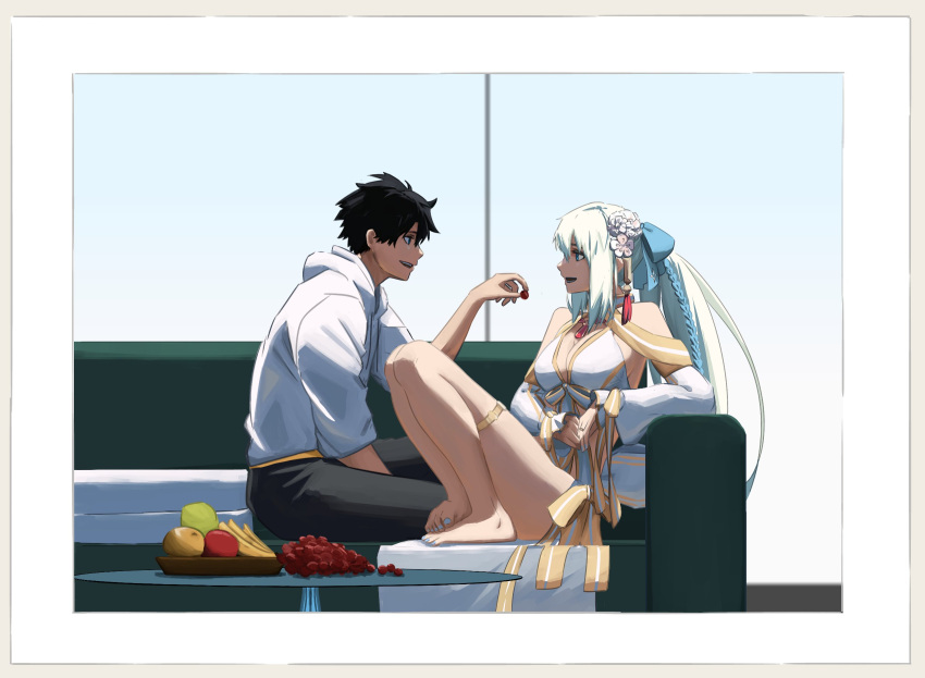 1boy 1girl bare_shoulders barefoot bikini black_hair blue_eyes braid breasts cleavage detached_sleeves fate/grand_order fate_(series) feet flower fujimaru_ritsuka_(male) fujimaru_ritsuka_(male)_(summer_street) gold_trim hair_flower hair_ornament hair_ribbon highres hood hoodie jacket large_breasts long_hair looking_at_viewer morgan_le_fay_(fate) morgan_le_fay_(water_princess)_(fate) nail_polish open_mouth pants paperpillar ponytail ribbon short_hair short_sleeves sidelocks smile swimsuit toenail_polish toenails toes very_long_hair white_bikini white_hair